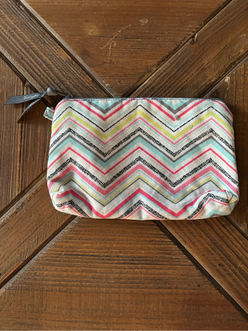 Chevron Print Makeup Pouch - Neutral with Pink & Aqua - Unknown Brand